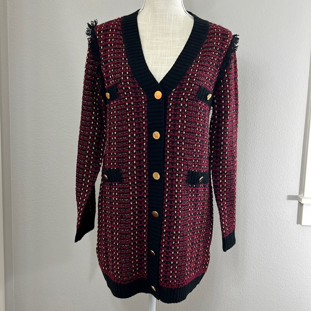 Love Token Burgundy and Black Tweed Cardigan with Gold Buttons